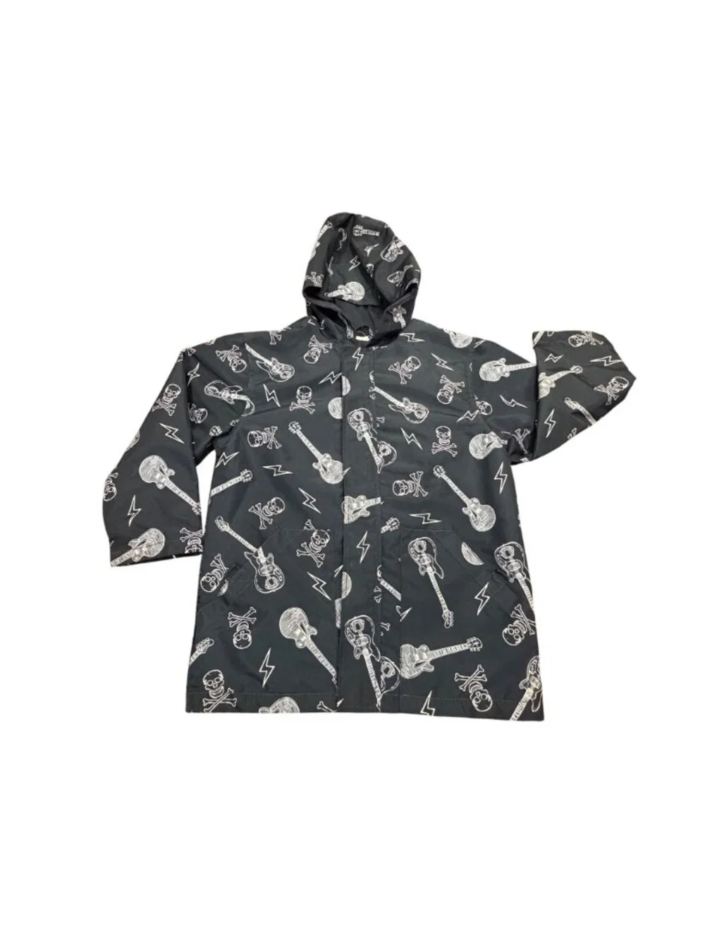 Boys‎ Rock Star Hooded Puffer Jacket Navy blue Skull Guitar Lightning Print Size